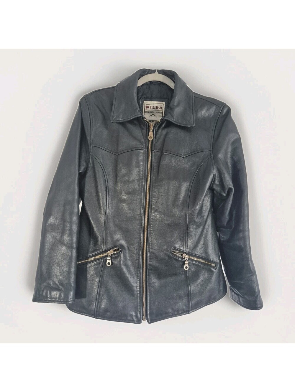 Vintage Wilda Women's Large  Genuine Leather Black Jacket Zip Up Quilted Liner